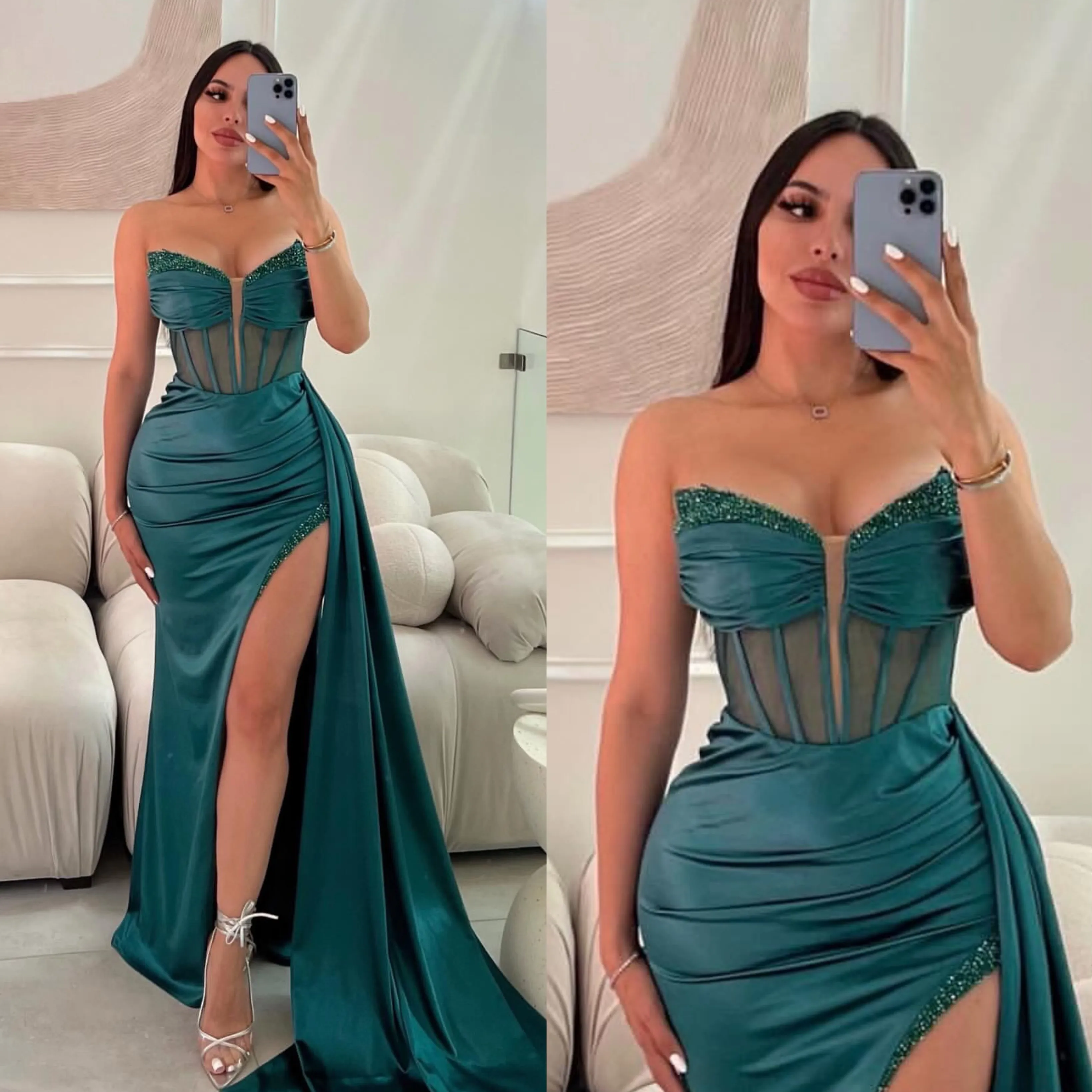 Peacock green mermaid prom dress illusion bodice strapless formal evening dresses elegant thigh split satin dresses for special occasions party gowns