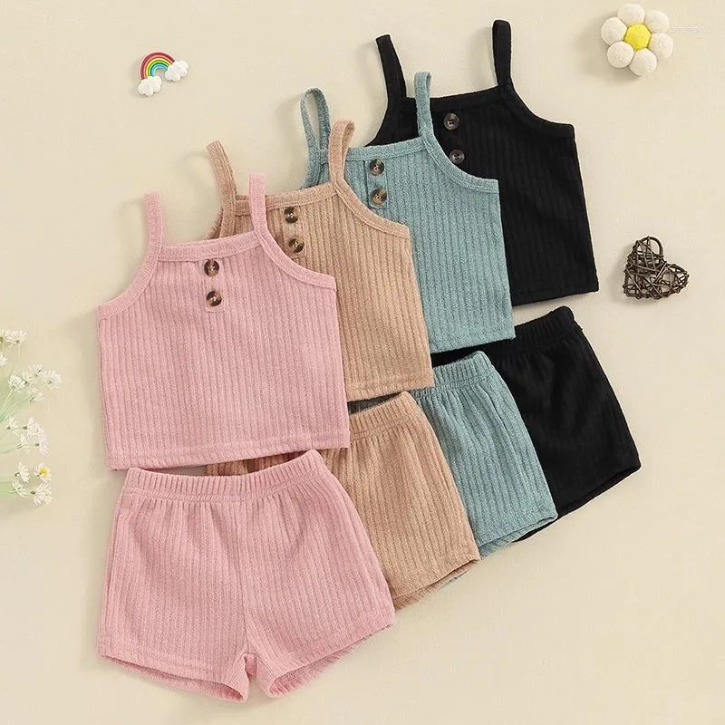 Conjuntos de ropa Pudcoco Infant Kids Baby Girl 2pcs Trajes de verano Sin mangas Botón Frontal Cami Tops Shorts Set Ropa 1-5T