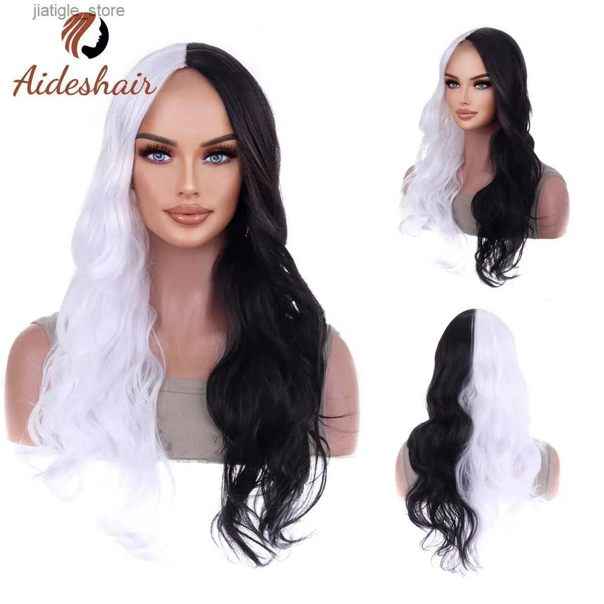 Parrucche sintetiche Aideshair Colore bianco e nero abbinamento medio riccioli di onde lunghe per donne in fibra resistente al calore parrucca sintetica Giornale Giornale Giornale Y240401