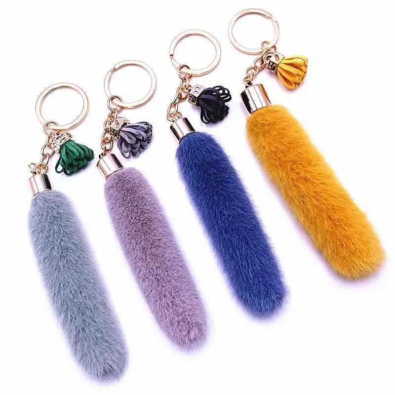 Nyckelringar lanyards söta långa pom nyckelchain kvinnor faux mink päls kedjepåse charms hänge tofsel fluffy bil nyckelring tillbehör grossist j240330