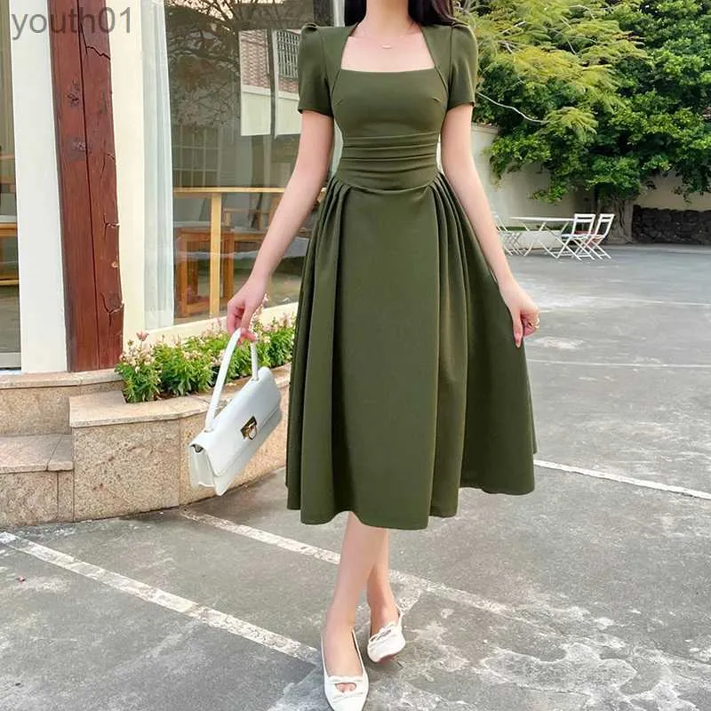 Basic Casual Dresses Womens Long New Top Pure Color Temperament Elegant Extended Vintage Tea Break Short Sleeve yq240402