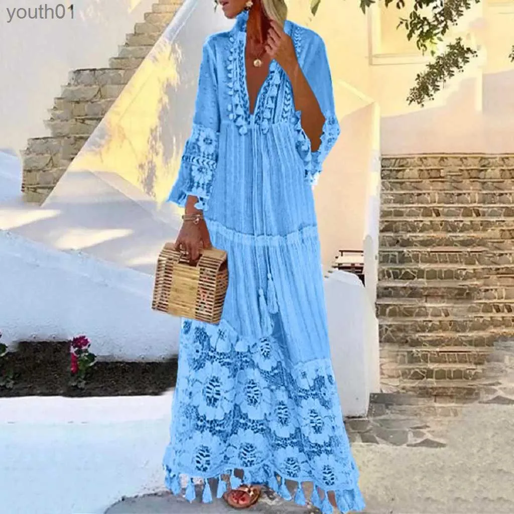 Podstawowe sukienki swobodne panie bohemian brzęczenie w szyku w kształcie litery duże sukienki kobiety koronkowa solidna moda elegancka szlafko boho wakacje długie yq240402