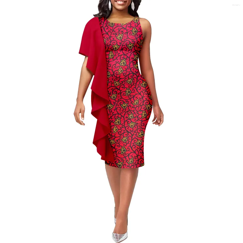 Casual Dresses African-American Women's Dress with Ruffle Single Sleeve Sexig vind Slim rund hals tryckt tyg A2225143