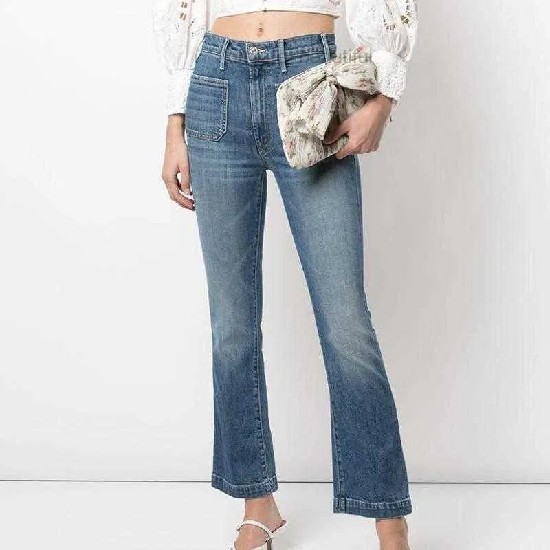 Jeans femininos mãe outono inverno cintura alta bolso duplo selvagem micro-flare de nove pontos