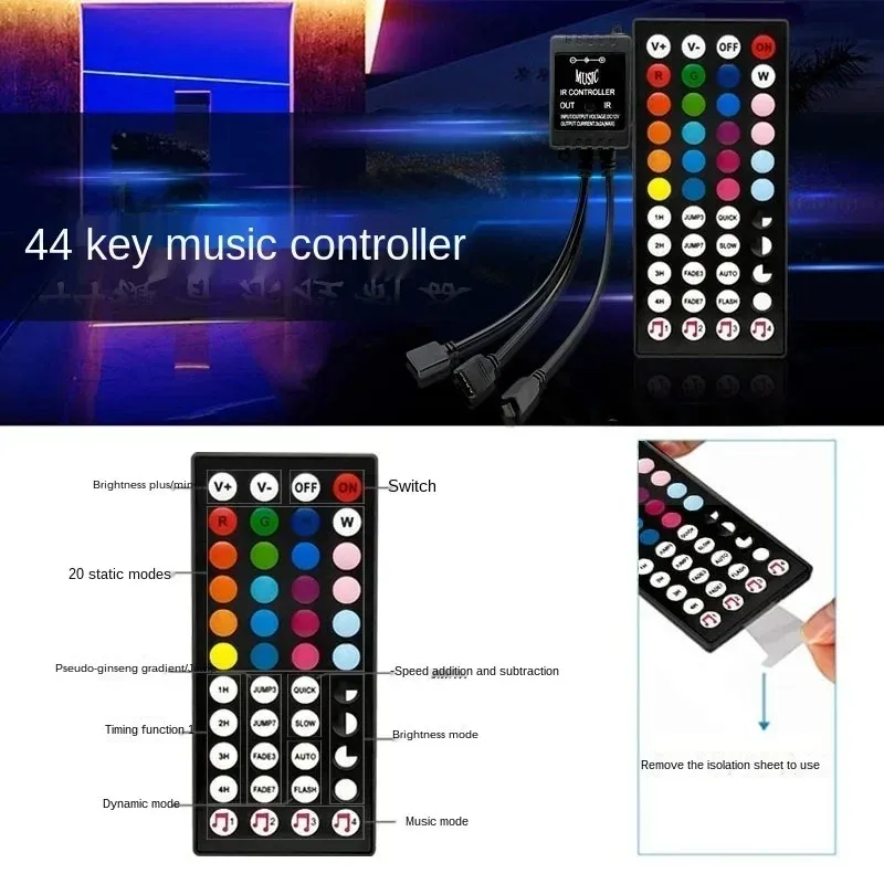 RGB 5050 Neon USB Room Decor Music Mode for TV Background Bluetooth LED Lights with 44 Keys Remote Tape for Bedroom Decoration