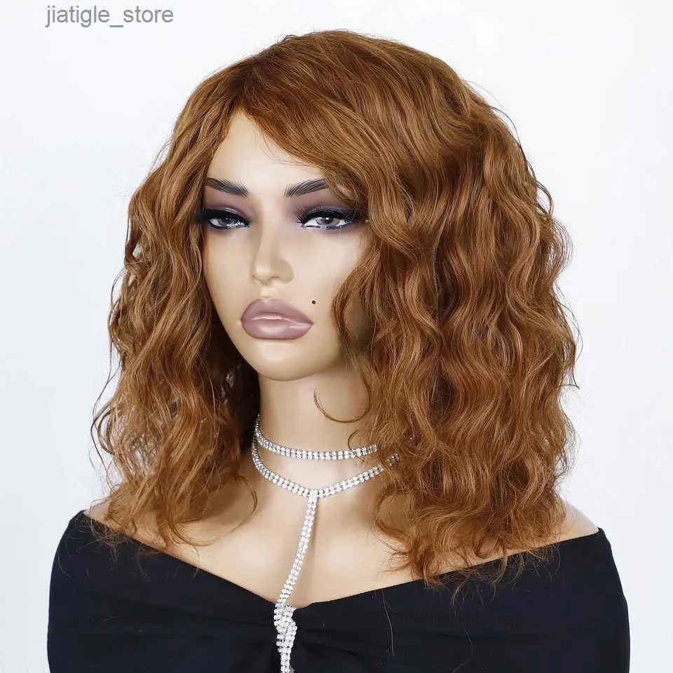 Synthetic Wigs Big Fluffy Brown Mixed Blonde Glueless Bob Curly Wig With Fringe Bangs Honey Curly Bob Wigs Human Hair Side Part Pre Plucked Y240401RJ9I Y240409