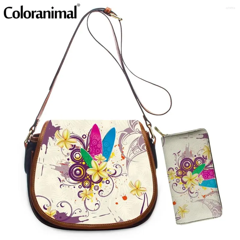 Sacs à bandoulière Coloranimal cravate colorant Plumeria papillons impression artistique femme cuir décontracté 2 pièces/ensemble sac portefeuille messager Bolsa