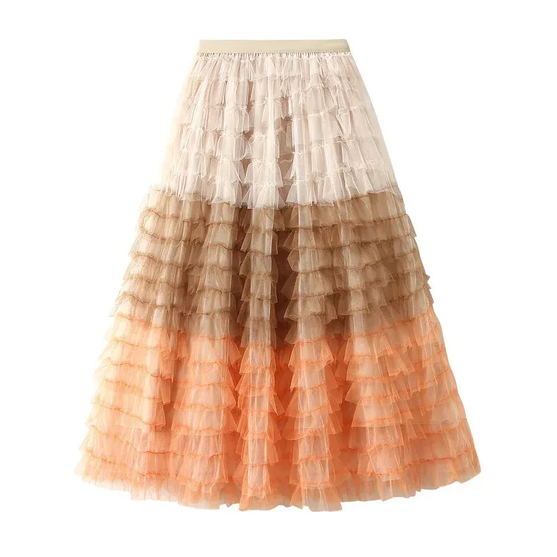 SURMIITRO Frauen Tiered Tutu Tüll Langer Rock Frühling Sommer Ästhetischer Farbverlauf A-Linie Hohe Taille Maxi Mesh Weiblich 240326