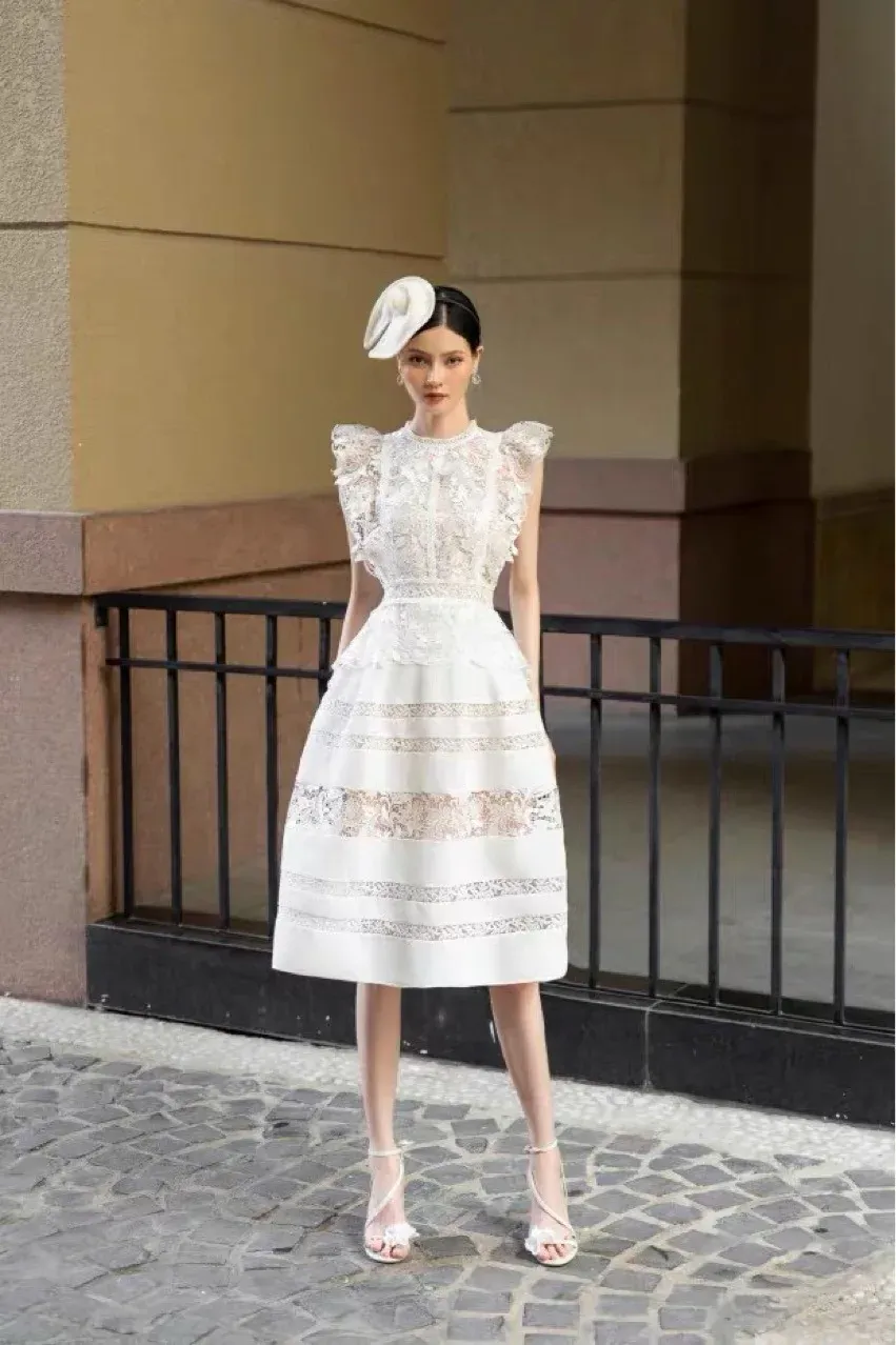 white casual dress midi Midi Sweetheart White Casual Party Dress with Ruffle White / Large