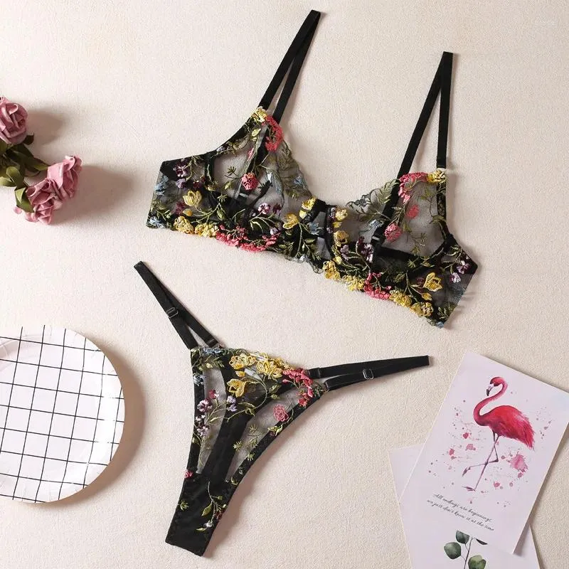 Bras sätter blommor broderier underkläder sätter kvinnor ren 2-stycken boho bh trosor underkläder intimat