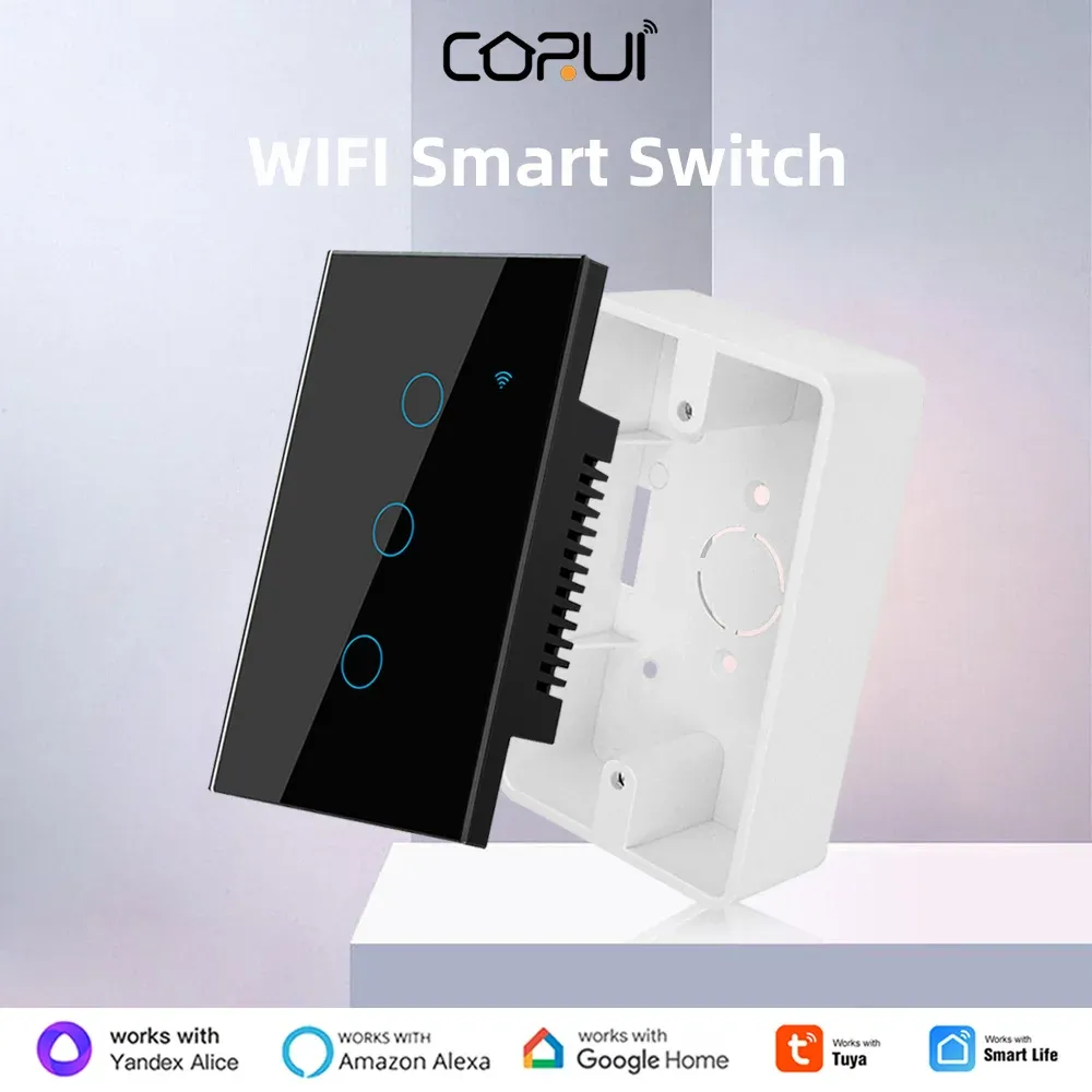 Controle Corui Tuya EU US WiFi Smart Touch Switch 1/2/3/4 Chave de luz de parede de gangues com caixa inferior para Alexa Google Home Alice Smart Life