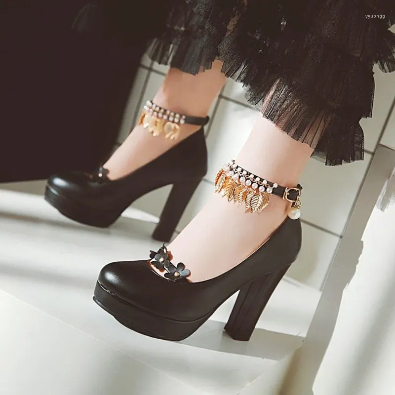 Dress Shoes Pumps Spring And Autumn Style String Bead Buckle Flower Thick Heel High Women's Single 10cm Plus Size 31-44