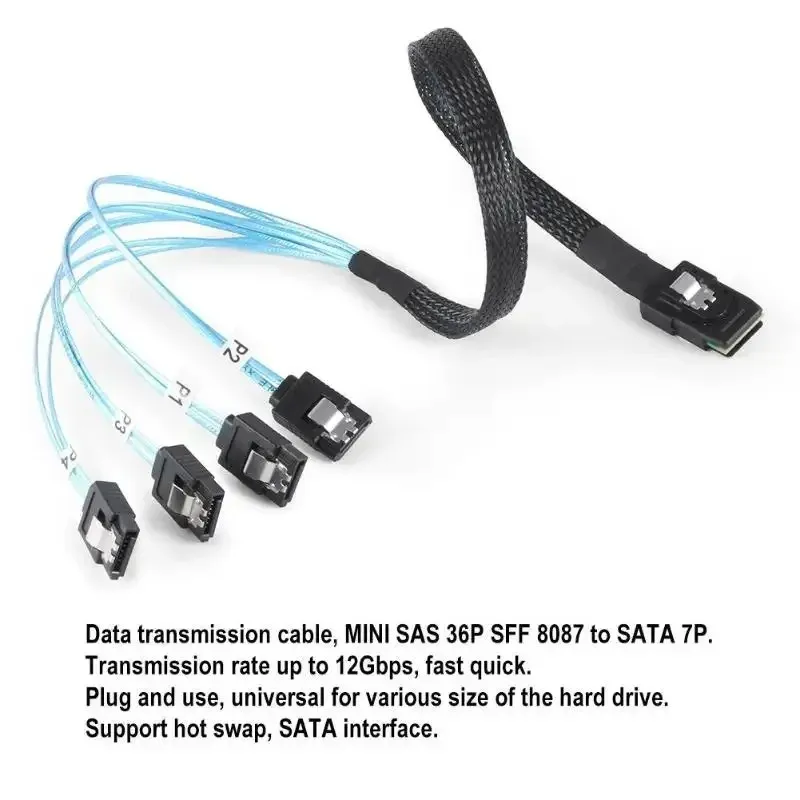 2024 cabo sas sata mini-sas SFF-8087 para 4 cabo sata mini sas 4i sff8087 36p para 4 sata 7p cabo 12gbps 50cm dados de disco rígido