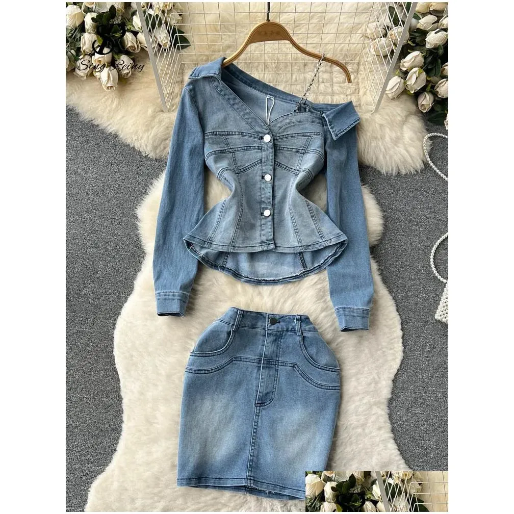 Two Piece Dress Singreiny Off Shoder Retro Women Denim Sets Ruffled Irregar Slim Topsshort Skirts Fashion Y2K Spring Pieces Suits Drop Dhbjy