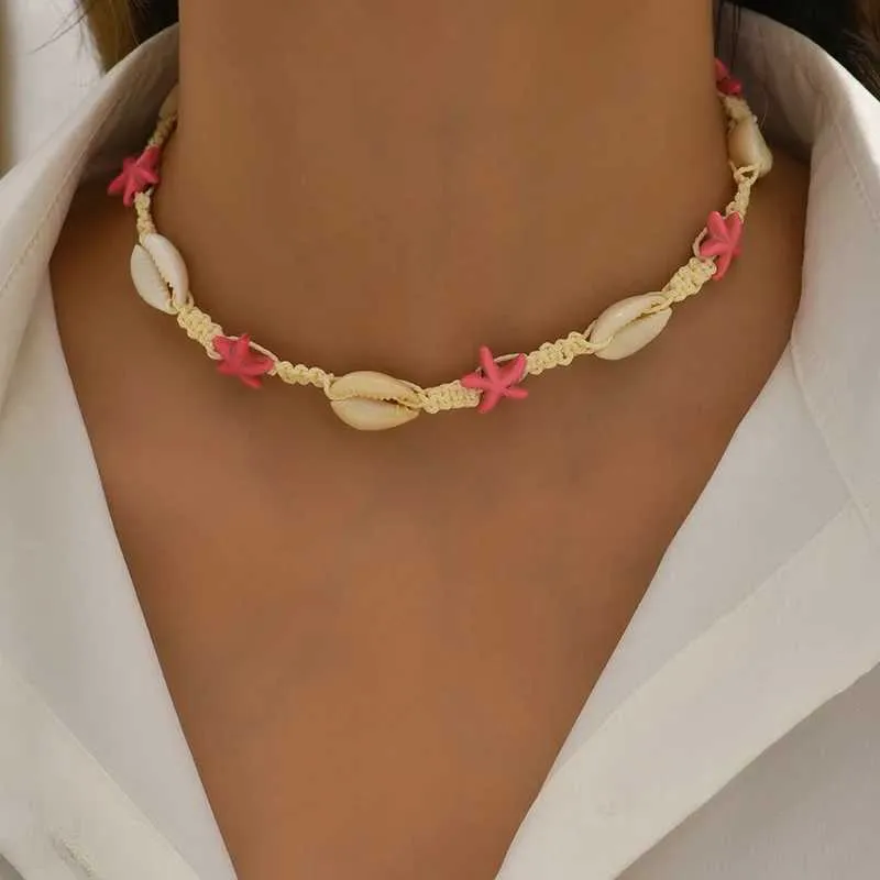 Pendentif Colliers Nouveau collier de coquillage bohème rose étoile de mer coquille naturelle Denim collier femmes corde chaîne collier été bijoux cadeau L2404