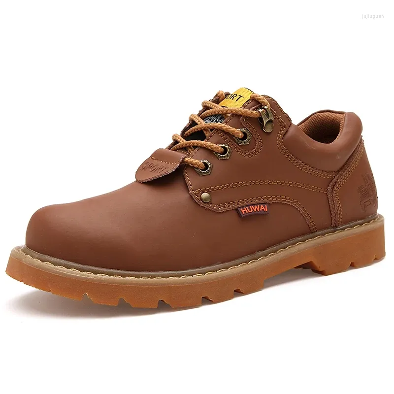 Chaussures décontractées marron en cuir véritable pour hommes, bottes basses de marque à la mode, confortables, antidérapantes, sécurité de travail pour Couple