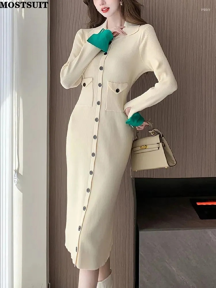 Casual Dresses Stylish Elegant Slim Knit Long Dress Women Color Blocked Single-Breasted Sleeve 2024 Spring Fashion Ladies Vestidos