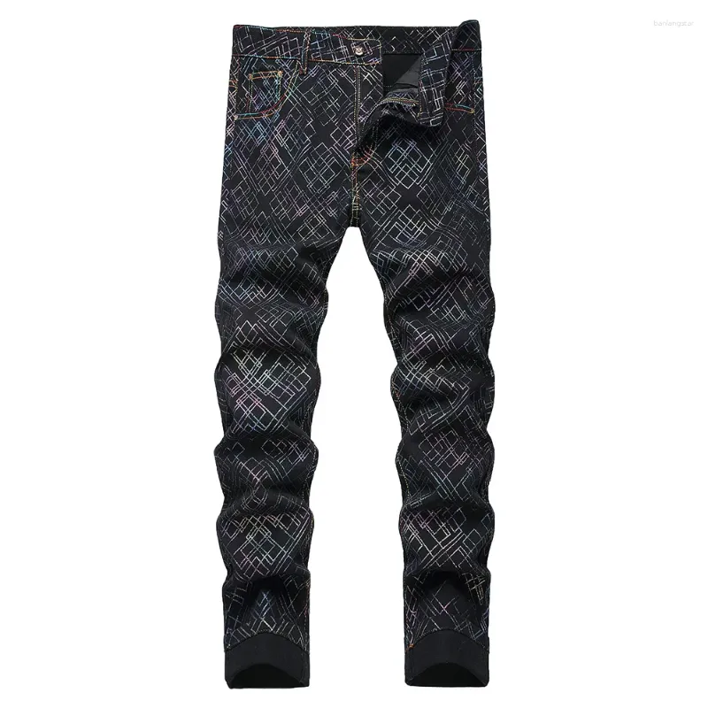 Jeans pour hommes Hommes imprimé coloré brillant géométrie pantalon peint à carreaux noir stretch denim pantalon droit mince