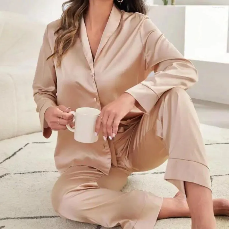 Ensemble pyjama deux pièces pour femmes, vêtements de maison, col en V soyeux, taille élastique, jambes larges, couleur unie, pour le confort, printemps été