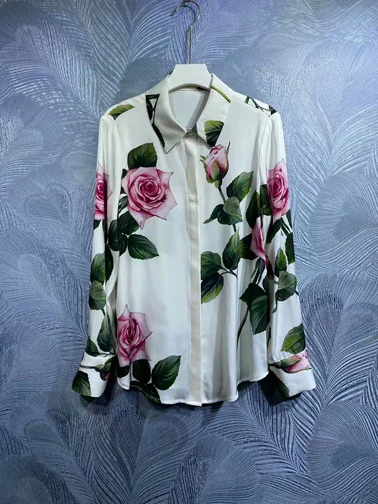 Blouses Voor Vrouwen 2023 92% Zijde Shirt Zomer Lente Nieuwe Mode Vrouwen Rose Bloemen Print Elegante Slanke Vrouw Elegante Blouses