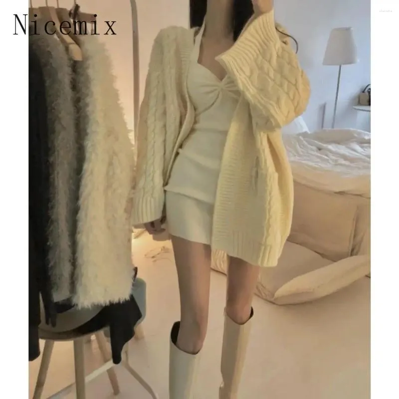 Work Dresses Winter Korean Chic Sweet Sweater Coat V-neck Lazy Retro Knitted Cardigan Sling Short Sexy Dress Two Piece Set Women Outfits