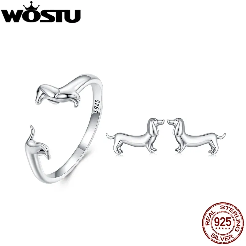 Set Wostu 925 Sterling Silver Sterling Cute Dachshund Dog Rings Regolable Orecchini Orecchini originali Gioielli adorabili per animali