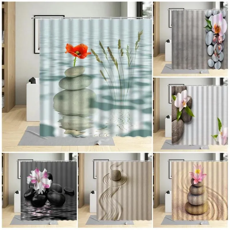 Cortinas de chuveiro zen pedra cortina flor orquídea roxo phalaenopsis areia planta banho banheiro decoração casa conjunto à prova dwaterproof água com gancho