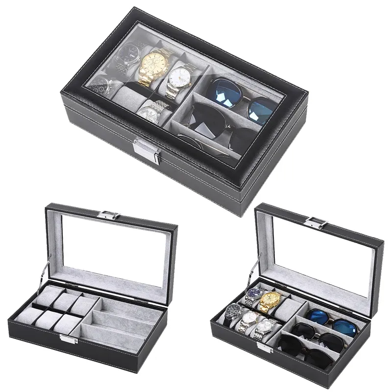 Solglasögon 6+3 Slots Pu Leather Watch Solglasögon Organisator Box Display Holder Cases Multifunktionell och effektiv lagring för män och kvinnor