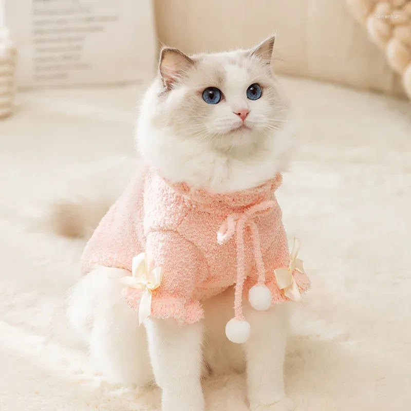 Dog Apparel Cute Cat Sweater With Plush Balls Winter Warm Hairless Clothes Soft Fleece Sweatshirt For Small Puppy Kitten Pet Costume