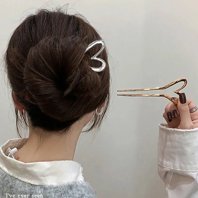 Accessoires pour cheveux coréens, épingles à cheveux en métal en forme de U pour femmes et filles, couleur argent et or, bâtons de cheveux simples en forme de cœur, cadeaux