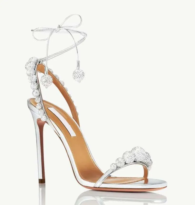 Luxur Designer High Heel Dress Shoe Aquazzura Sandal Disco Dancer Bride Sandaler Pärlor Kristall-utmärkt fotled slipsar Stiletto Wedding Party Brider Sandal Open Toe