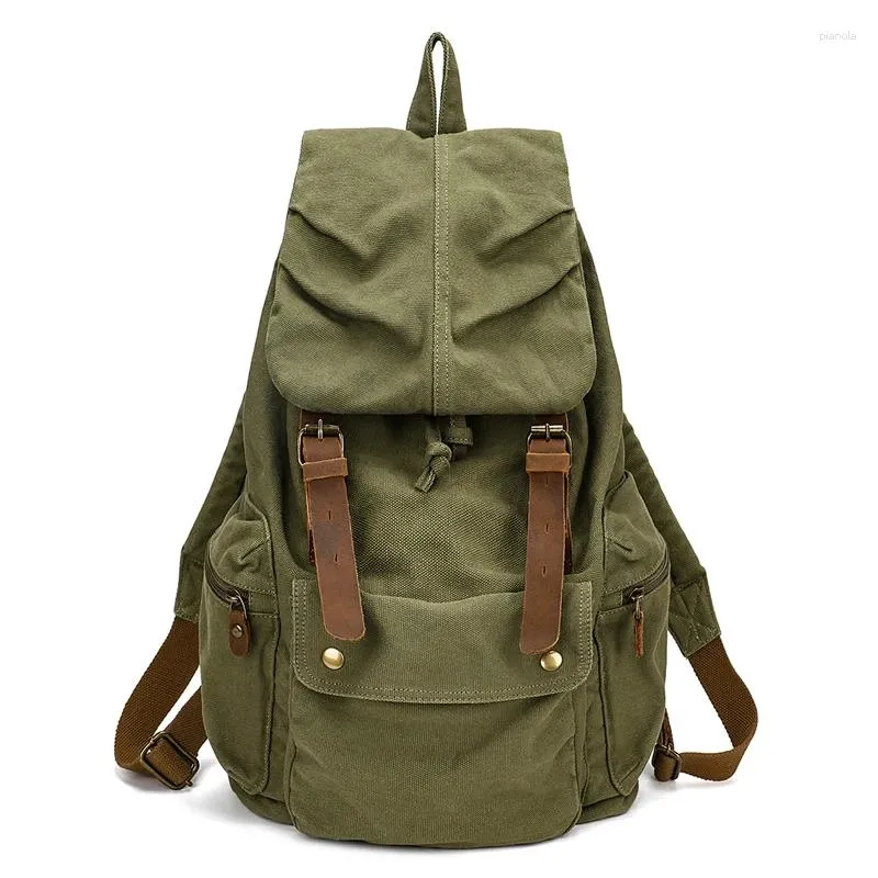 バックパックKooger Vintage Leather Military Canvas Men's School Bag DrawstringSchoolBag Women BagpackMochila