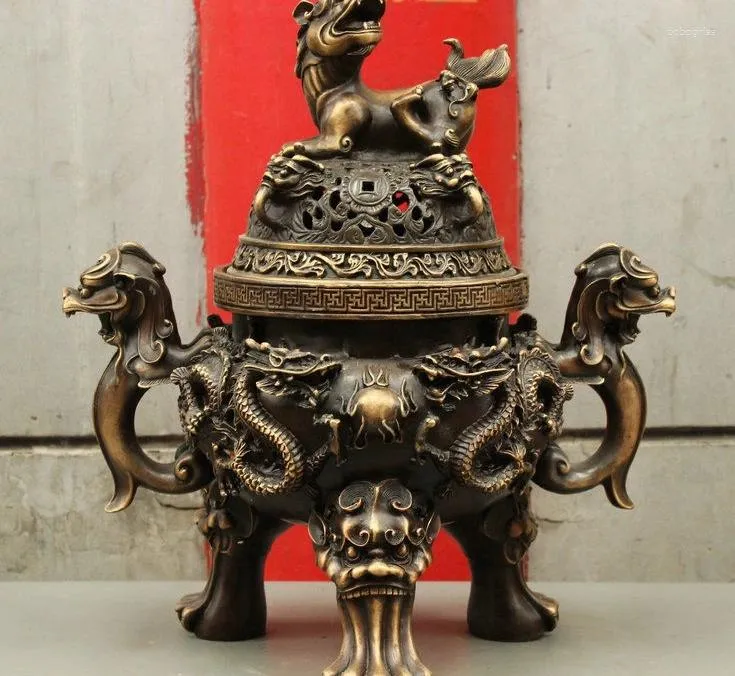 Figurines décoratives 19 ", bouddhisme chinois exquis, Statue Dragon Lion en Bronze pur, brûleur d'encens, encensoir 47CM