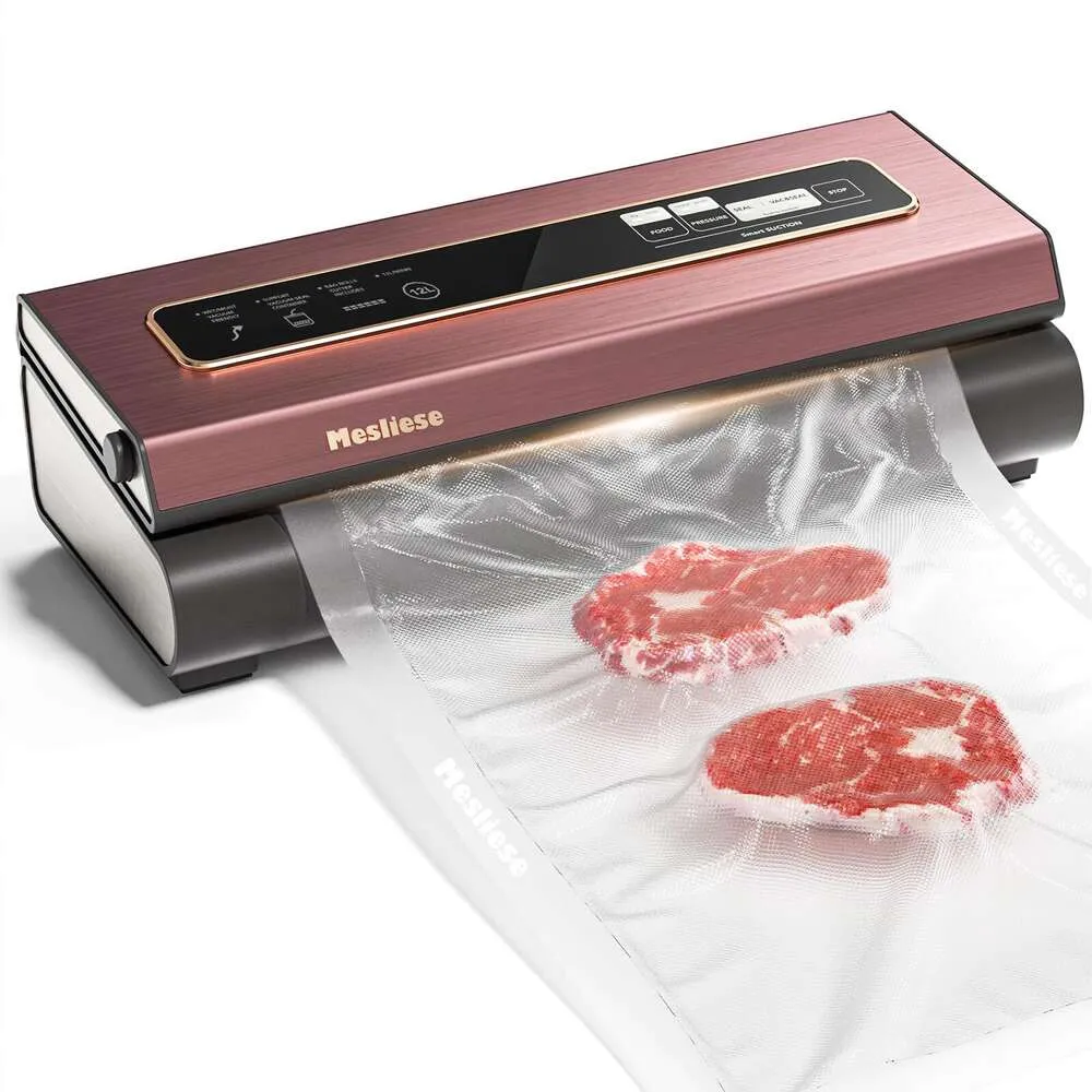 Mesliese Hine de mise sous vide puissante, système de conservation des aliments compact 6 en 1, précision 90 kpa, avec coupe intégrée, 2 sacs en rouleau, 5 sacs prédécoupés, intelligent