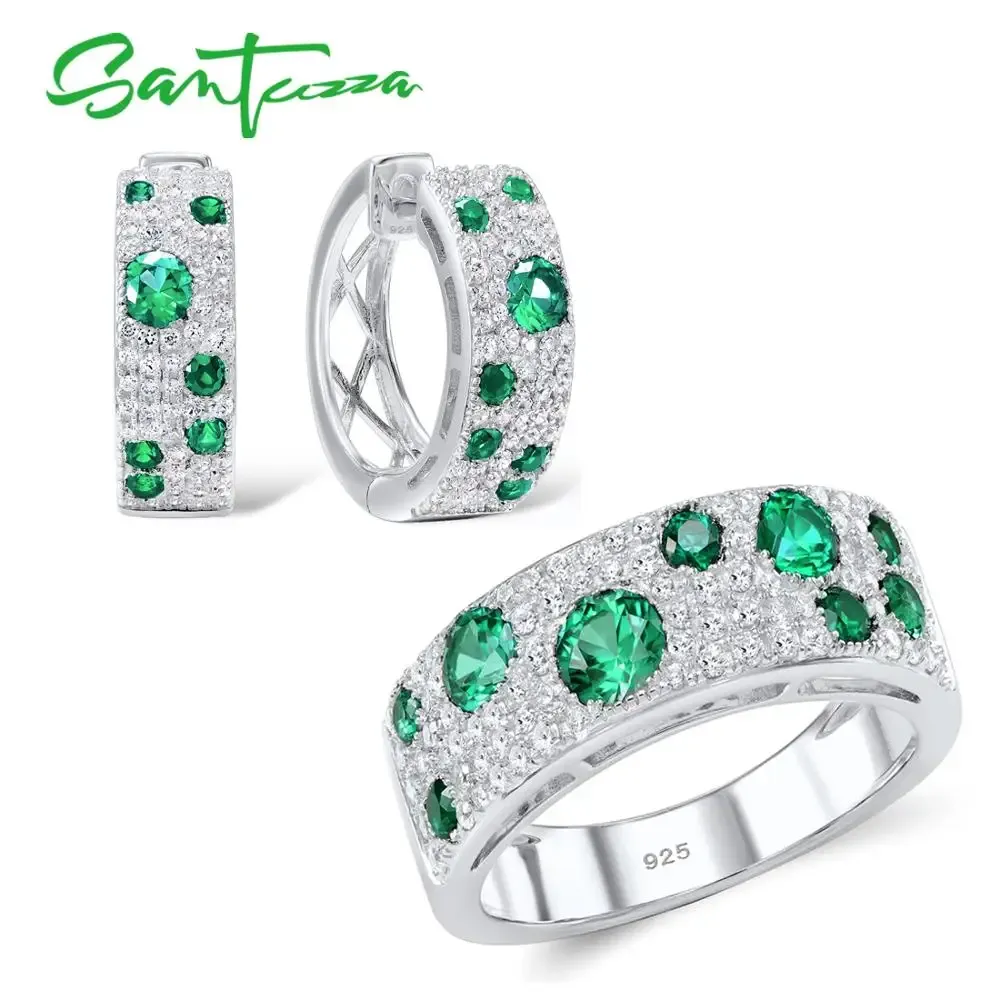 SANTUZZA Sieraden Set Voor Vrouwen Authentiek 100% 925 Sterling Zilver Glinsterende Wens Groene CZ Oorbellen Ring Set Mode-sieraden