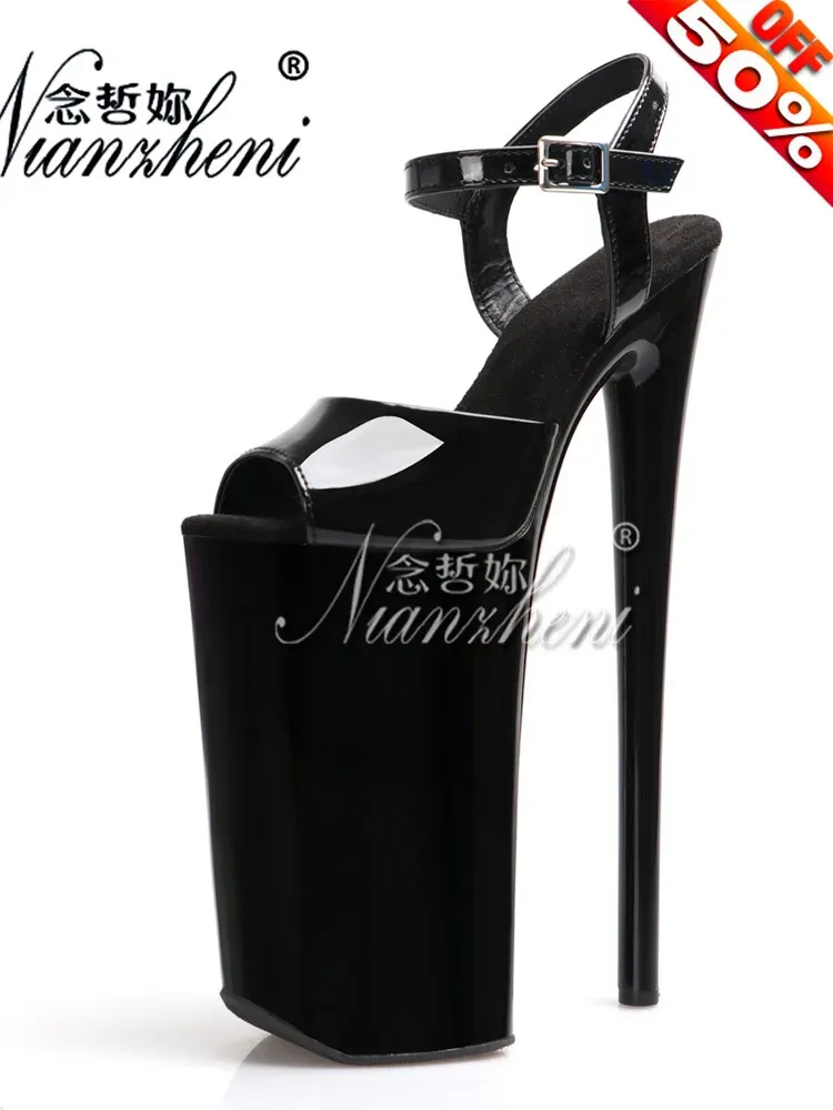 Sandaler Ny Peep Toe Black Super Platform Sandaler 26cm Pole Dance Shoes Womens Sexig fetisch 10 Intyg Party Stripper Heels Modeller Big Size