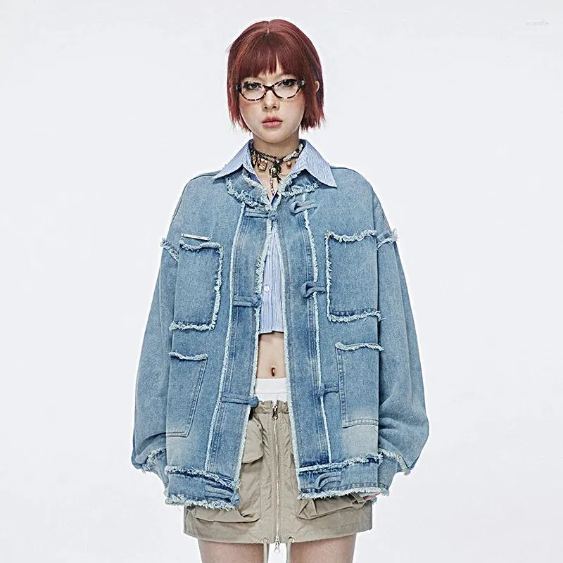 Women's Jackets Women Chinese Stand Collar Button Vintage Denim Cargo Jacket Men Streetwear Fashion Loose Casual Unisex Jeans Couple Coat