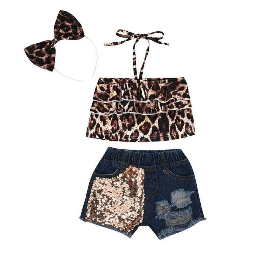 INS Summer Leopard Girls Suits Girls Boutique Outfits Kids Designer Clothes Girls Topssequin Hole Denim Shortsheadband 3PCS1531849