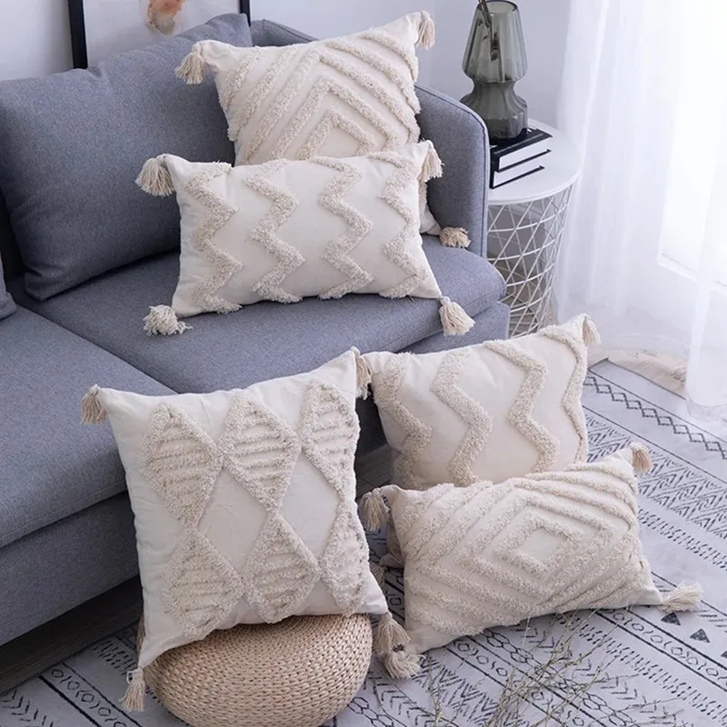 Nouveau couvercle de coussin de style boho 2024 45x45cm / 30x50cm glands tufts tassels décoratifs oreillers beige canapé-oreiller couvercle de salle de chambre décoration de maison 1.