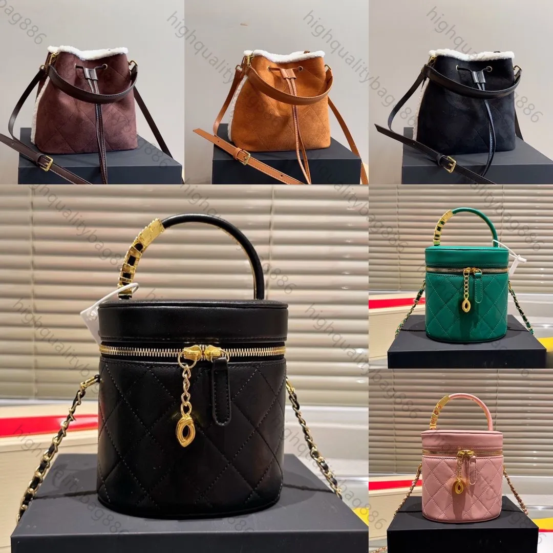 Nova bolsa de grife de alta qualidade Bolsa balde feminina bolsa de maquiagem fashion zíper dourado grão argyle corrente de metal pintada brilhante tiao pele de cordeiro bolsa crossbody bolsa de corrente