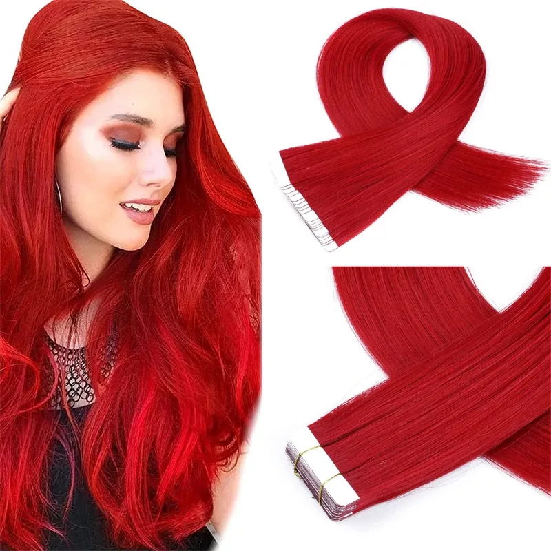 Erweiterungen Langes Klebeband in menschlichem Haar Erweiterungen Hautscheuchen heben rotes Haar -Erweiterungen Klebstoff unsichtbares Cosplay Silky geradees menschliches Haar hervor