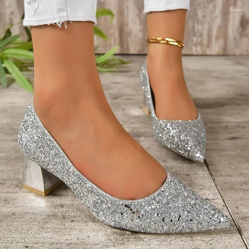 Zapatos de vestir Plata Glitter Tacones gruesos Bombas Mujeres Lujo Punta puntiaguda Fiesta Boda Mujer Tallas grandes 42 Altas damas poco profundas