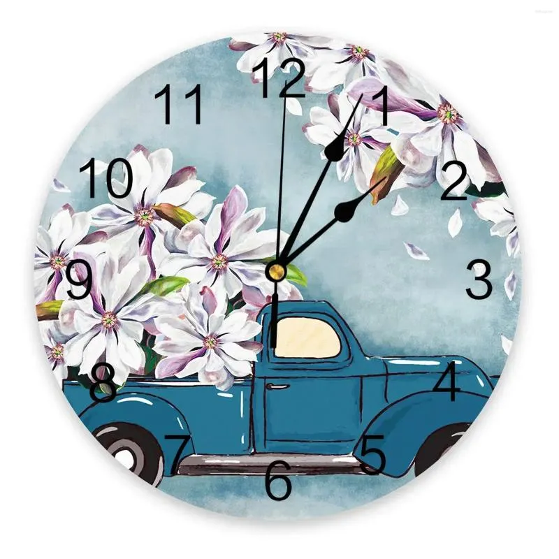 Horloges murales peinture à l'huile Texture blanc Magnolia fleur camion impression horloge Art silencieux montre ronde pour cadeau de décoration de la maison