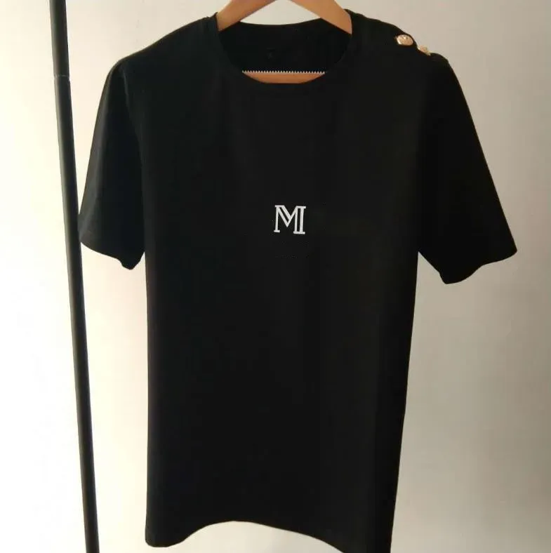 2024 T Shirt New Luxury Design Shoulder Gold Buckle Hot Stamping Gold Letter Black White Short-Sleeved Cotton Round Neck For Women