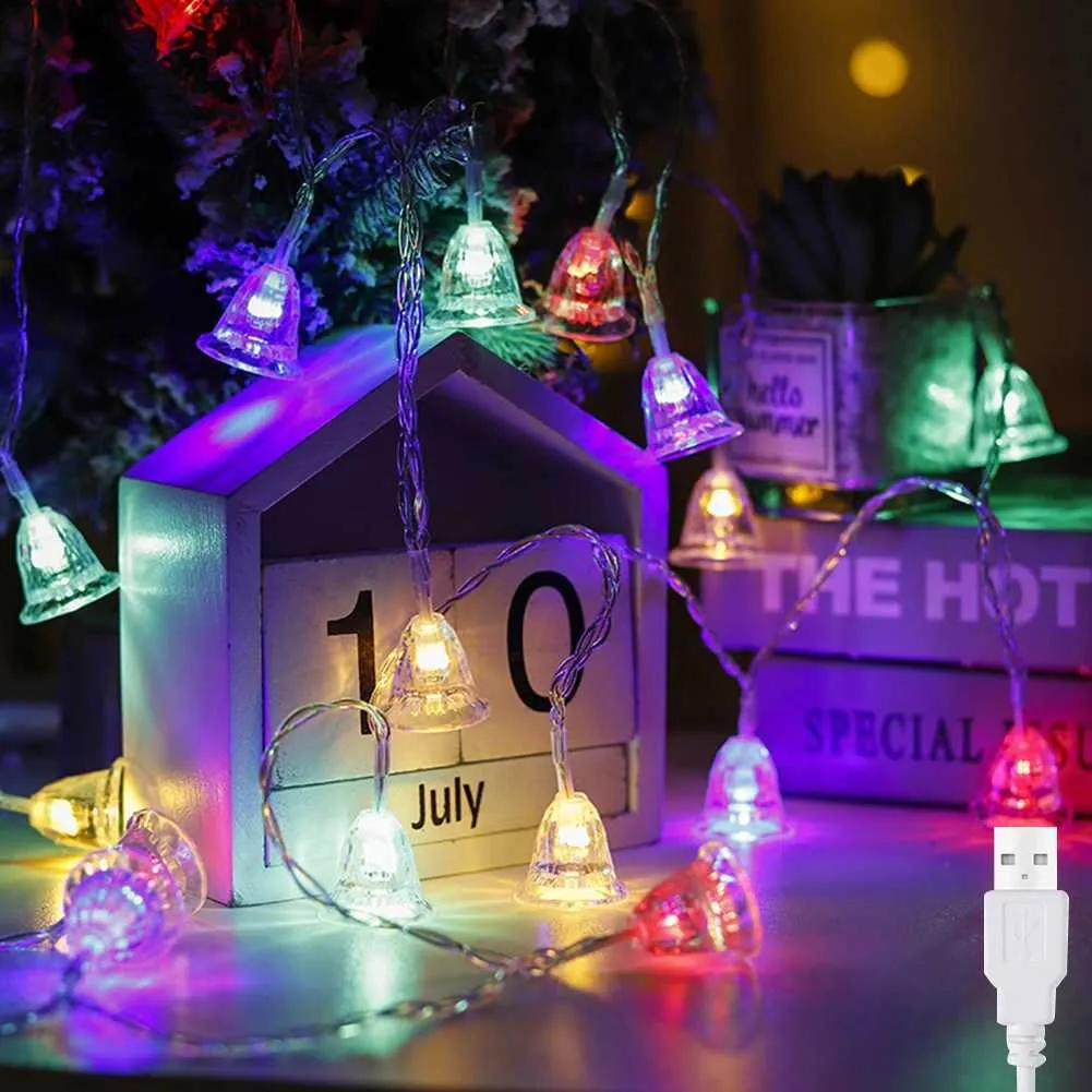 LED -strängar 1 st 3m 20LED Christmas Bell String Lights Fairy USB Operated Inomhus utomhusljus för Xmas YQ240401