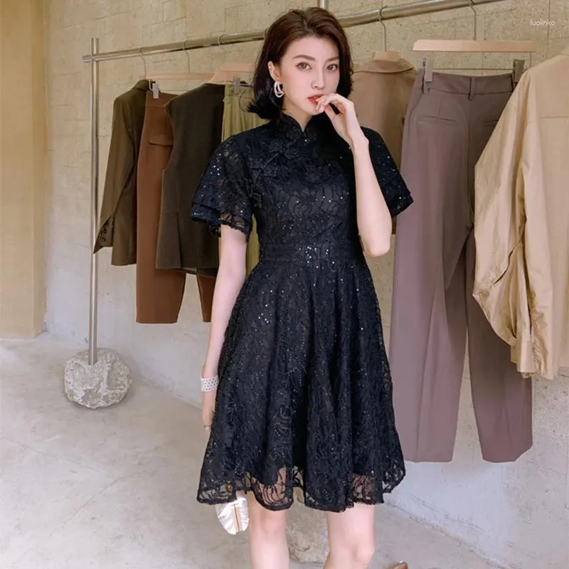 Robes de soirée été Vintage pansement noir une ligne robe haut de gamme femmes Cheongsam col montant à manches courtes élégant robe