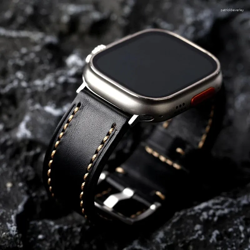 Bracelets de montre Bracelet de montre en cuir de vachette noir italien fait à la main pour bracelet Apple 49 45 44mm Ultra8 9 Bracelet pour hommes de Style Vintage