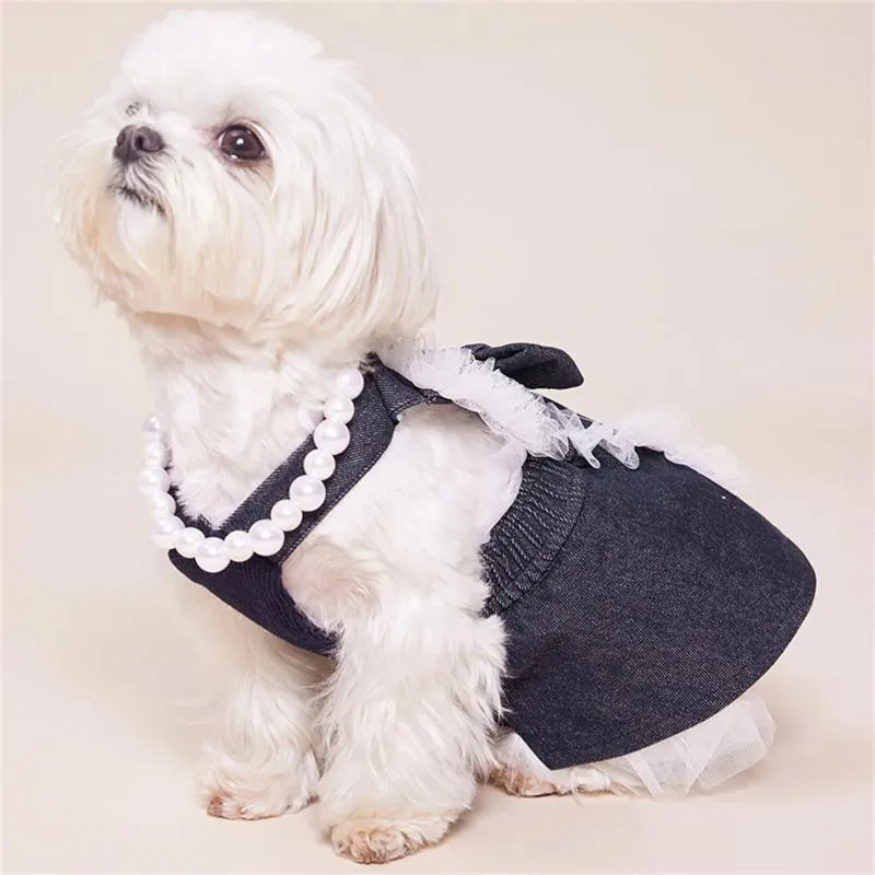Hundebekleidung, Haustier-Jeanskleid mit niedlichem Schleifenknoten, bequemer Weste, Rock, Spitzenbesatz, Tutu-Kleidung für Katzen