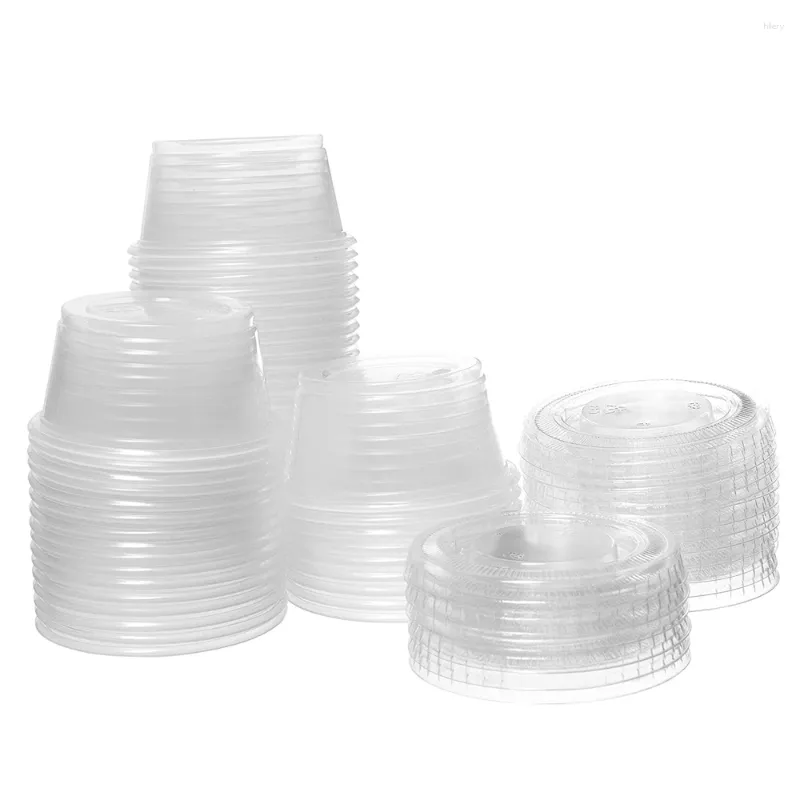 Wegwerpbekers Rietjes (4 Oz., 100 sets) Plastic gedeelte met deksels Kruiderijbeker Soufflémonstering Helder