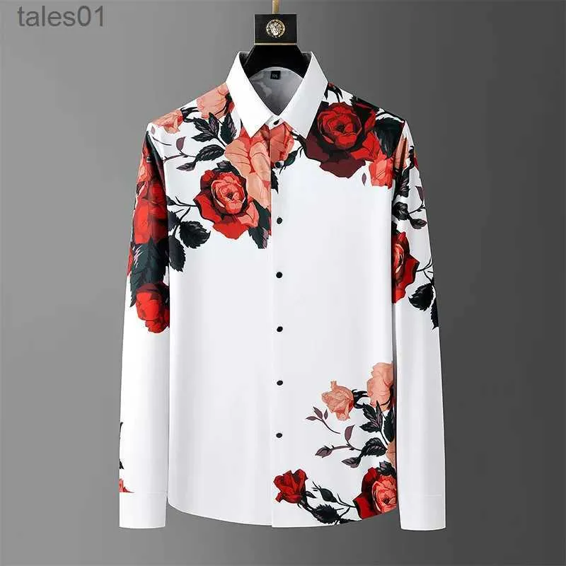 Heren Plus Tees Polo's 2024 Lente Bloem Shirts Heren Lange mouw Casual Naadloos Elastisch Zakelijk Formele Kleding Sociaal Feest Tuxedo Blouse yq240401